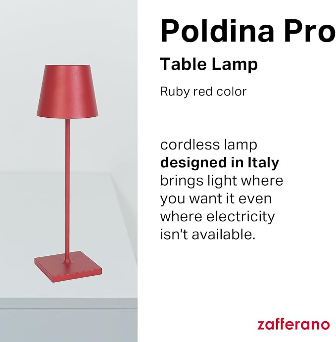 Zafferano, Poldina Pro Lamp, Rechargeable Cordless Table Lamp with Touch Controls, Suitable for Indoor and Outdoor, Dimmer, 2200-3000 K, Height 14.9 Inches, Ruby Red Color