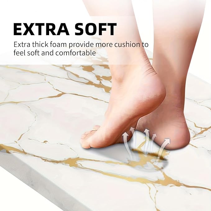 MAYHMYO Kitchen Mats Cushioned Anti Fatigue 0.47" Thick, White and Gold Marble Kitchen Rug Floor Mat, Non Slip Waterproof Modern Comfort Standing Mat for Home, Office, Sink