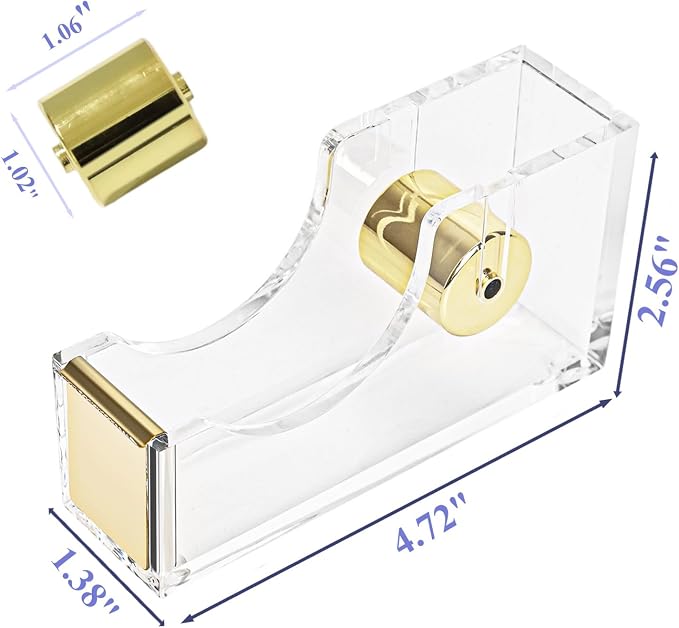 Gold Tape Dispenser, Clear Acrylic Desk Tape dispensers with Serrated Metal Edge, Modern Aesthetic Office & Craft Tape Organizer for Gift Wrapping, 1 Inch Core, Non-Slip Weighted Base