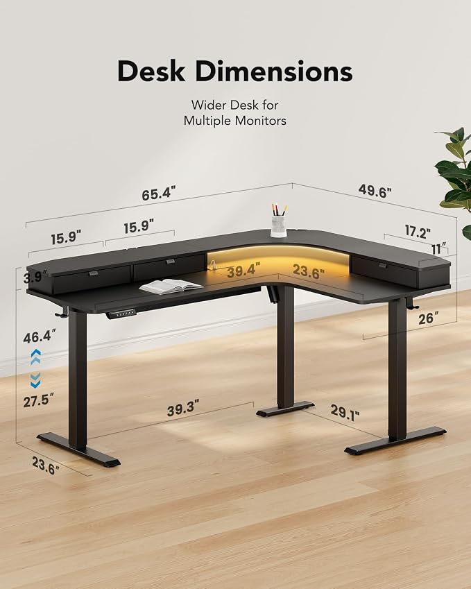 HUANUO 65″ L Shaped Standing Desk with 3 Drawers, Electric Height Adjustable Corner Computer Desk with Power Outlets & LED Strip, Sit Stand Up Desk for Home Office, Black