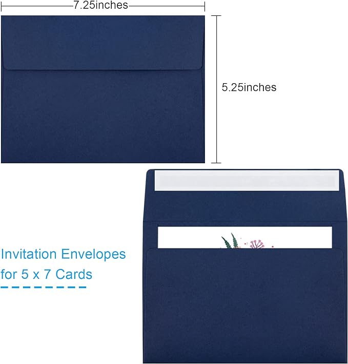 50 Packs 5x7 Envelopes A7 for Invitations, Printable Invitation Envelopes Self Seal for Weddings, Invitations, Photos, Greeting Cards, Mailing (Navy Blue)