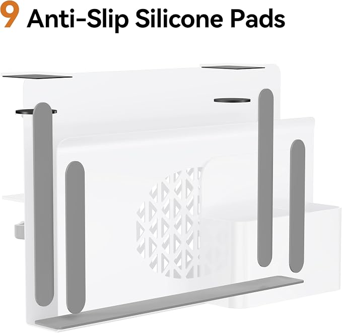 Desk Side Storage, Metal Laptop Holder with Magnetic Pen Box, Clamp-On Under Desk Organizer with Cooling Holes & Anti-Scratch Pads for Office and Home (White)