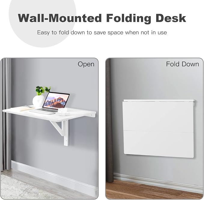 COSTWAY Wall Mounted Folding Table, 31.5" x 23.5" Drop-Leaf Floating Writing Desk for Small Spaces, Space-Saving Fold Down Laptop Workstation for Kitchen, Bedroom, Laundry Room, Study Room (White)