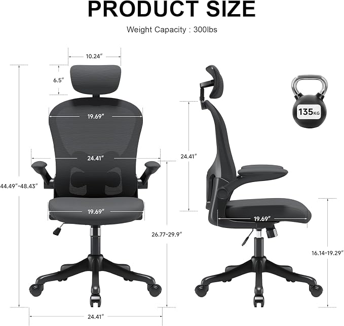 Mesh Office Chair with Adjustable Lumbar Support and Headrest, Ergonomic High Back Task Chair for Home Office, Flip-Up Arms 90-120° Tilt Lock Rolling Swivel Work Chairs(Black6065)