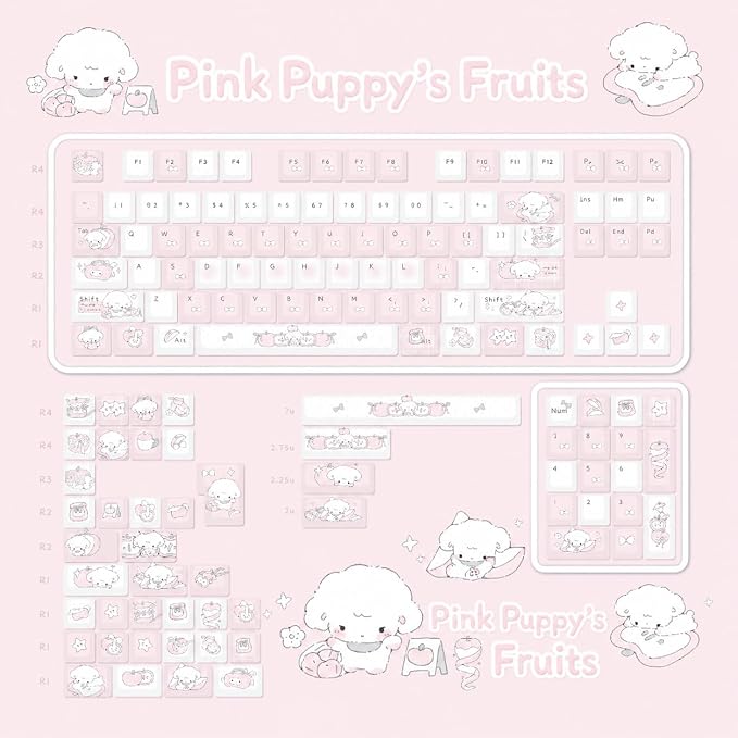 Pink Puppy's Fruits Keycaps 140 Keys, Cherry Profile PBT Key Caps Set, Dye Sublimation Cute Keyboard Keycaps, Custom Key Cap for Cherry MX Switches Mechanical Gaming Keyboard 60% 75% 100%