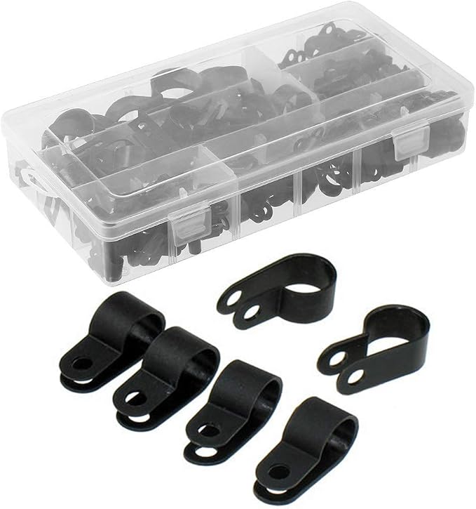 Orgrimmar 200 Pcs Black Nylon Plastic R-Type Cable Clamps for Cable Conduit | 3/16" 1/4" 3/8" 1/2" 3/4" 1" Clips Fasteners Assortment Clamps