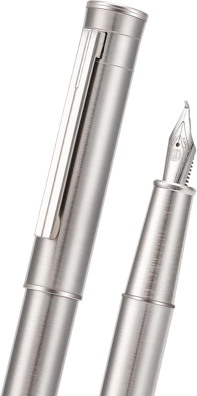 Hongdian 1861 Stainless Steel Fountain Pen Bent Nib, Classic Design Smooth Writing Pen with Converter and Metal Pen Case Set