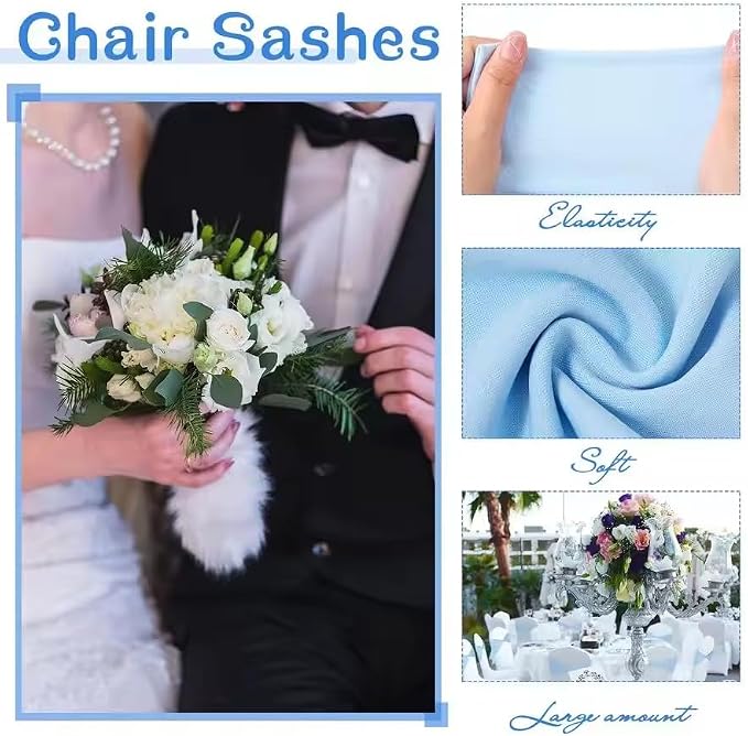 Tvoip 10PCS Chair Cover Stretch Band with Buckle Slider Sashes Bow Wedding Banquet Chair Decoration (Light Blue)