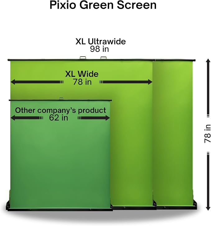 [Wide Version] Pixio Green Screen Extra Large Backdrop 78" L x 78" W - Free Standing, Portable, Collapsible, Auto-Locking Green Screen Background for Photoshoots, Filming, Streaming, TikTok, Zoom