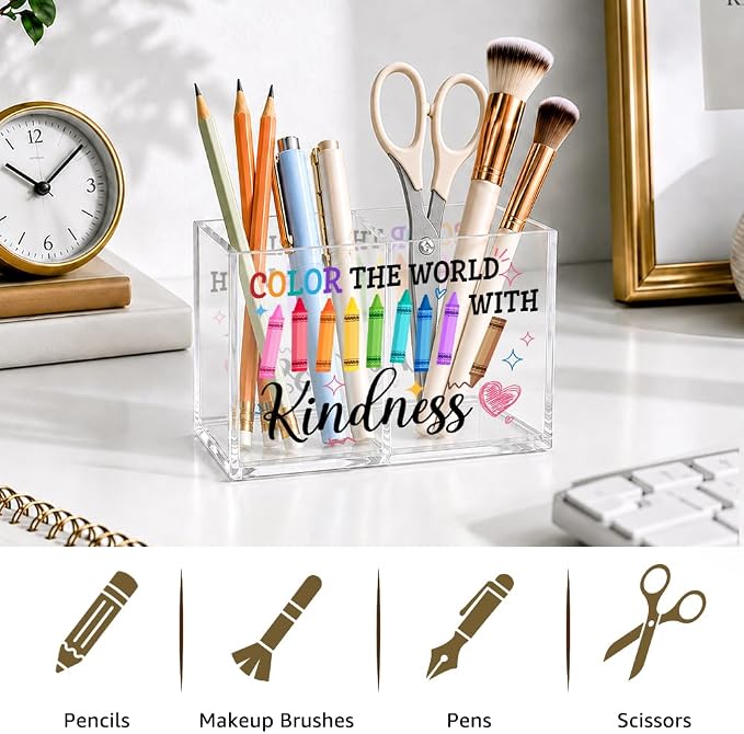 Color The World With Kindness Cosmetic Organizer Pen Holder, Be Kind Pencil Holder 2 Compartments, Kindness Office Desk Accessory for Teacher, Office Back to School Gifts for Counselor Mentor