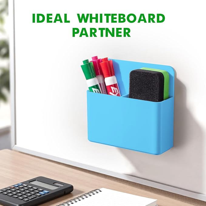 2 Pcs Magnetic Dry Erase Marker Holder for Whiteboard, Plastic Magnetic Pen Holder for Refrigerator Fridge, Magnet Pencil Cup for School Classroom, Locker Accessories, Pen Cup Organizer-Blue