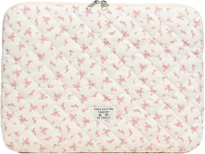 Cute Laptop Sleeve 13-15 inch Laptop Case Aesthetic Quilted Laptop Sleeve Computer Bag with Flower Printing for MacBook (Pink, 15inch)