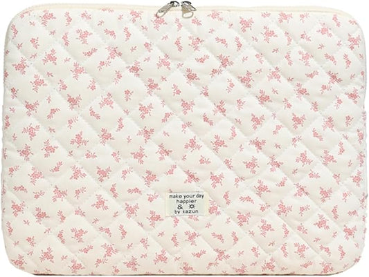 Cute Laptop Sleeve 13-15 inch Laptop Case Aesthetic Quilted Laptop Sleeve Computer Bag with Flower Printing for MacBook (Pink, 15inch)