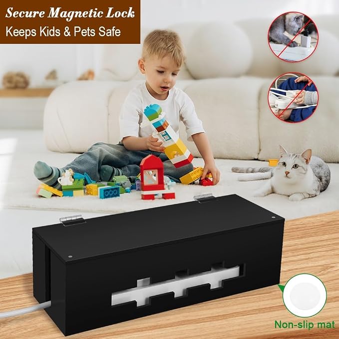 Cable Management Box with Magnetic Lock, Cord Organizer for Desk | Acrylic,compact,fits standard power strips & flat plugs,hides TV/computer wires,magnetic lid,child safe,for home office desk