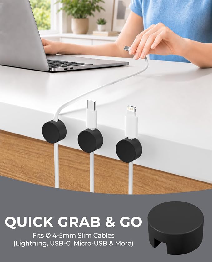 Magnetic Cable Holder, 8 Cable Clips for Desk Cord Management, Black | Organize USB Wires, Laptop Chargers, Dashcam, Car Phone Lines, Home, Nightstand, Workspace & Travel RV Wire Organizers