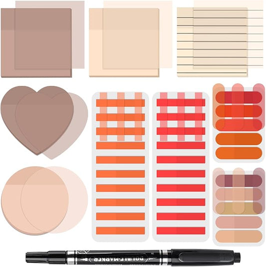 850 Sheets Transparent Sticky Notes, 3 x 3 Inch Clear Sticky Notes with Marker Pen for Bible, Waterproof Self-Adhesive Annotation Tabs, Gradient Color Note Pads for School Office (Red)