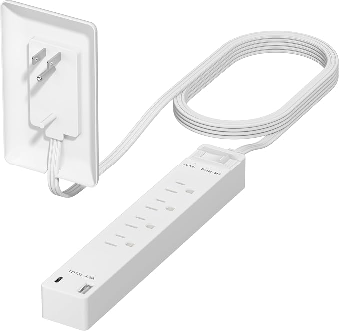 LIDER Surge Protected Outlet Extender, 4-Outlet Power Strip, 1 USB-A & 1 USB-C, Surge Protector 1500J, Ultra-Thin Wall Plate Plug with Cord Extender, 5ft Cord, 1625W, ETL Listed, Matte White