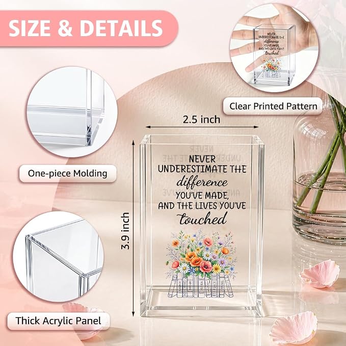 Never Underestimate The Difference Made Acrylic Pencil Holder Cup | You’ve Made, Social Worker Appreciation Gifts for Desk Organizer, Floral Book Mark Holder Gifts for Teacher MSW, Grad Present