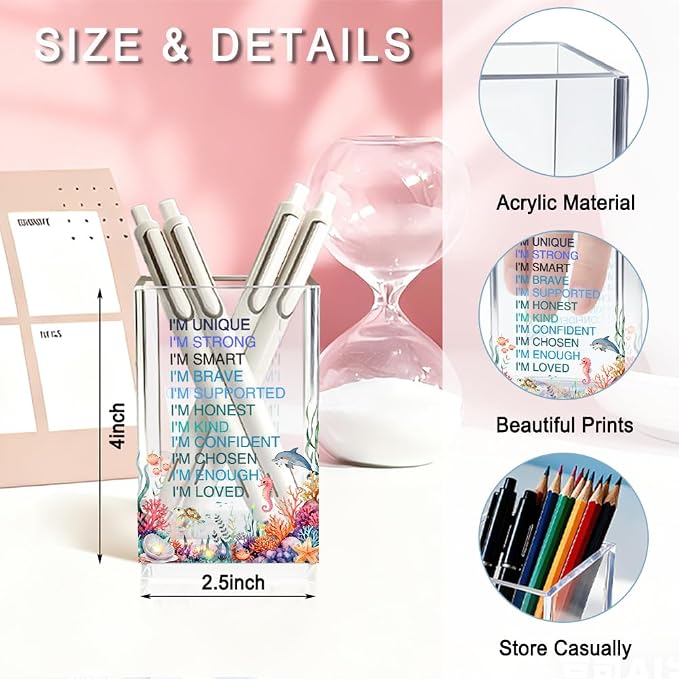 I Am Affirmation Acrylic Pencil Pen Holder Cup, Ocean Design Makeup Brush Storage Organizer, Dolphin Affirmation Pen Desk Accessories Holder Gifts for Women Daughter Niece Sister Friend