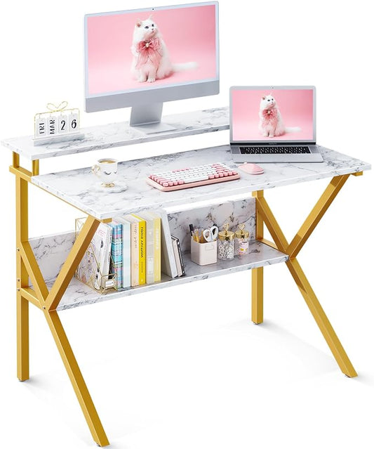 ODK Small Desk, 27.5 Inch Computer Desk for Small Spaces, Study Desk with Storage & Monitor Stand, White Marble + Gold Leg