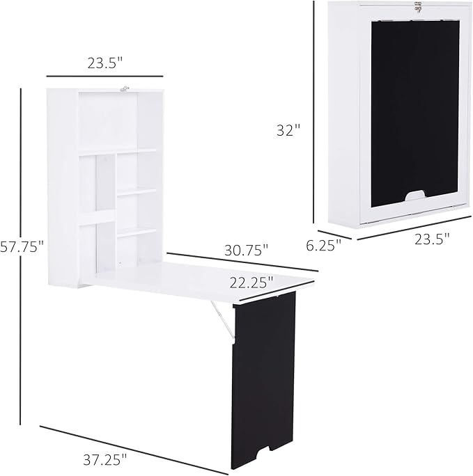 Wall Floating Desk with Storage, Foldable Hidden Desk with A Blackboard, Hideaway Fold Out Desk, Pull Out Murphy Table, Wooden Writing Table for Home Office Bedroom Small Spaces Apartment (White,)