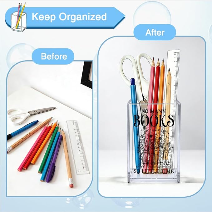 So Many Books So Little Time Acrylic Organizer Pencil Pen Holder, Book Floral Acrylic Desk Organizer, Bookworm Gifts for Librarian Book Lover Reader, Back to School Gifts for Daughter Niece