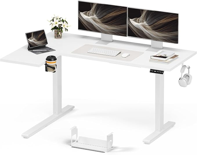 Muvai 59 Inch L Shaped Standing Desk Adjustable Height with Cable Management Tray,Gaming Electric Corner Standing Desk, Sit Stand Computer Table with Reversiable Splice Board,White
