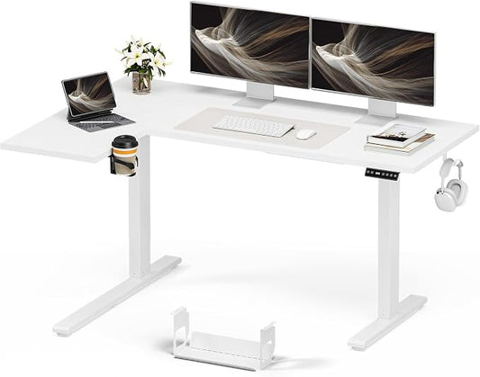 Muvai 59 Inch L Shaped Standing Desk Adjustable Height with Cable Management Tray,Gaming Electric Corner Standing Desk, Sit Stand Computer Table with Reversiable Splice Board,White