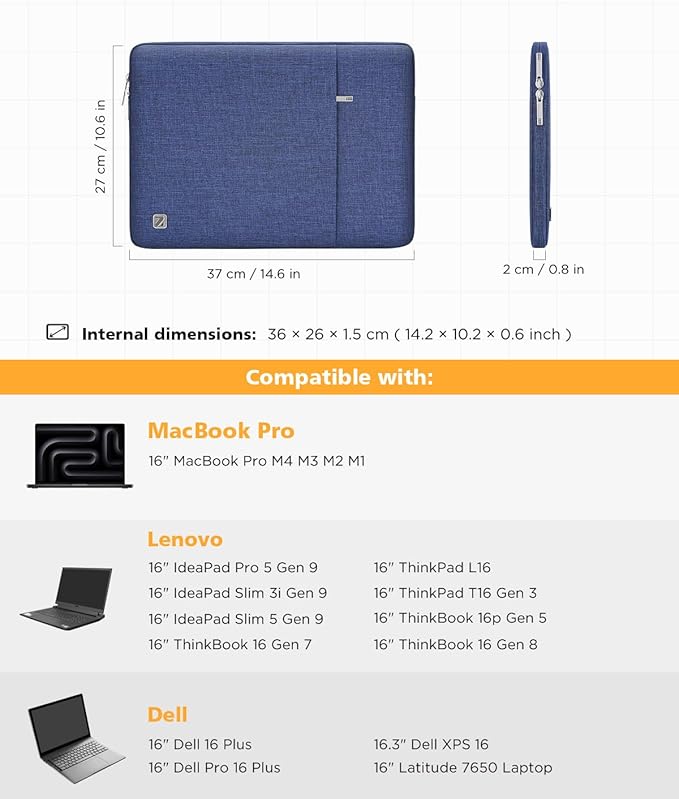 NIDOO Laptop Sleeve 16 inch Computer Carrying Case Cover for 16" Legion 5i 7i 9i Gen 9/ Legion Pro 5i/ Thinkbook 16p/ T16 Gen 3/ E16 Gen 2/ L16 / T16 Gen 3/16" MacBook Pro M4 M3/ Dell HP ASUS Samsung