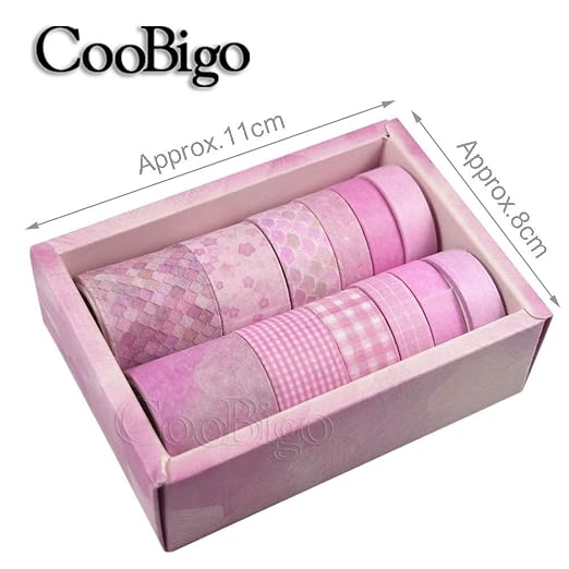 CooBigo Washi Tape Set, 12 Rolls 4 Size Decorative Masking Washi Tapes for Craft, Scrapbook, DIY, Planners, Gift Wrapping (Cherry Blossom Party)