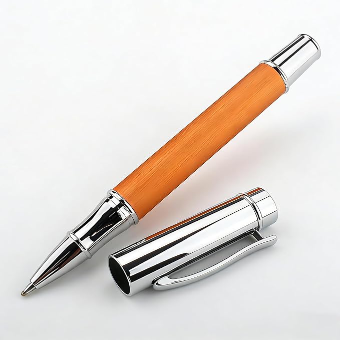 Brushed Metal Golden Rollerball Pen - 0.5mm Fine Point Executive Writing Pen for Men & Women, Professional Signature Pen for Business Office & Journaling with Metal Box