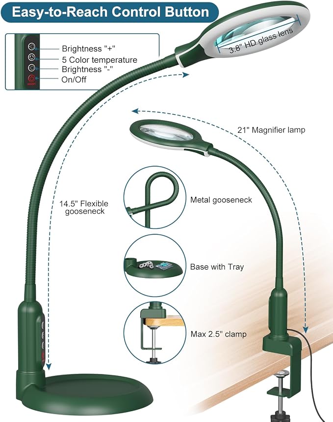 12X Magnifying Glass with Light and Stand, Real Glass, LED 5 Color Modes, Brightness Stepless Dimming Lighted Magnifier Hands Free, Flexible Gooseneck Desk Lamp with Clamp for Close Work, Craft, Green