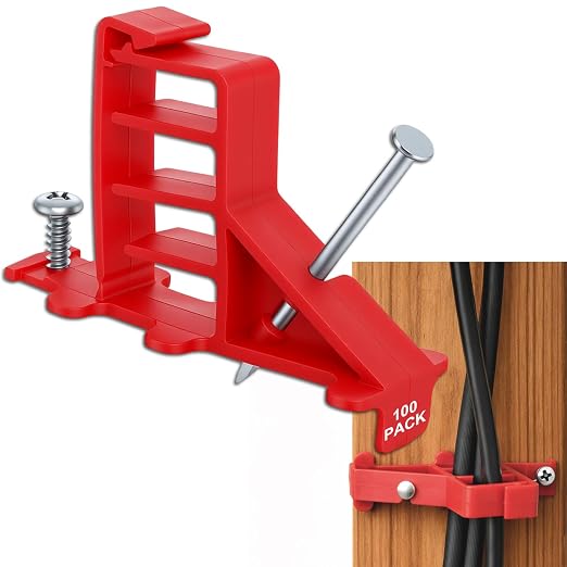 100 Pack Multi-Cable Staples with Steel Nails, Red Cable Stackers | Electrical Wire Stacker Clips for Organizing Multiple NM Cables Coaxial and Data Line on Wood Framing for Neat Secure Routing