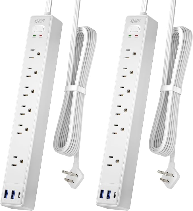2 Pack Flat Plug Surge Protector Power Strip, 6ft Ultra Thin Extension Cord with 3 USB, SUPERDANNY 6 Outlets Charging Station, Wall Mountable Outlet Extender for Home Office, College Dorm Room