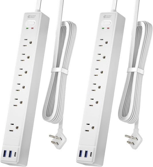 2 Pack Flat Plug Surge Protector Power Strip, 6ft Ultra Thin Extension Cord with 3 USB, SUPERDANNY 6 Outlets Charging Station, Wall Mountable Outlet Extender for Home Office, College Dorm Room