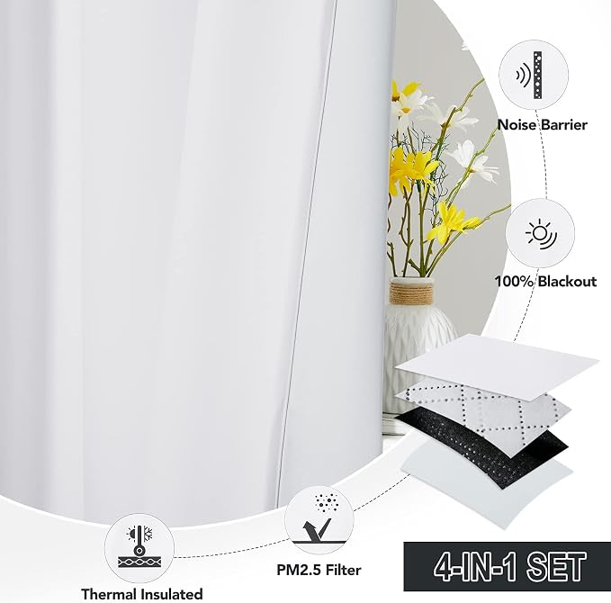 RYB HOME Dustproof Curtains for Large Window, Soundproof Thermal Insulated Blackout Curtains for Sliding Glass Door Furance Office Dorm Bedroom Living Room, White, W62 x L84 inch, 2 Panels