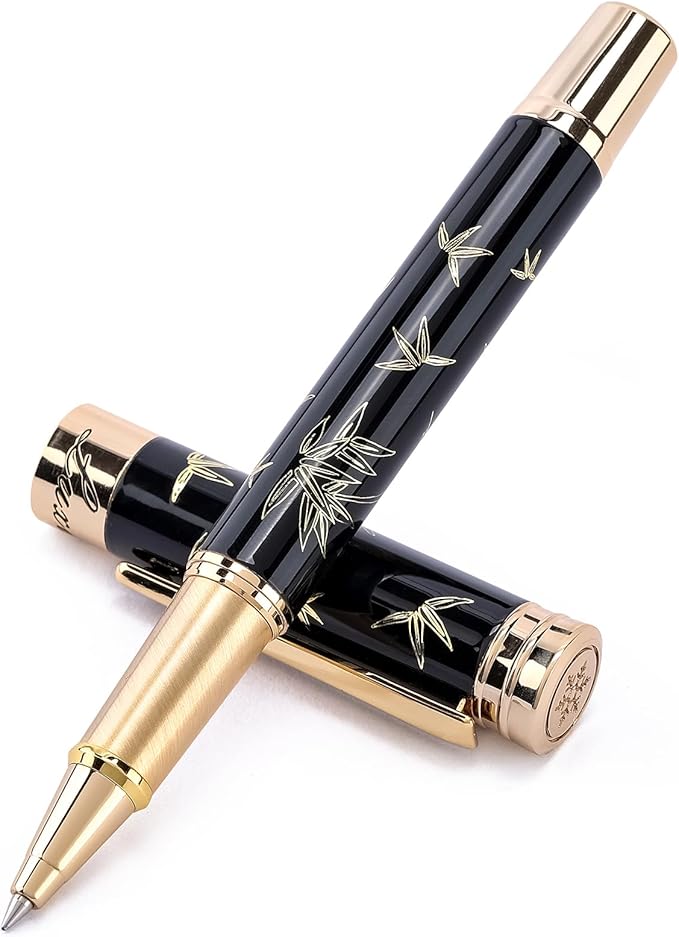 Black Rollerball Pens-Luxury Pens for Women Men, 24K Gold Trim Elegant Pen, Executive Gift Pen Set for Office Graduation Business Nice Roller Ball Pens
