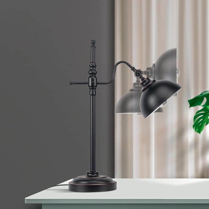 Industrial Desk Lamp - Black Metal Task Lamp with 2 USB Charging Ports,Vintage Farmhouse Style for Bedroom,Coffee,Dorm,Farmhouse Decor