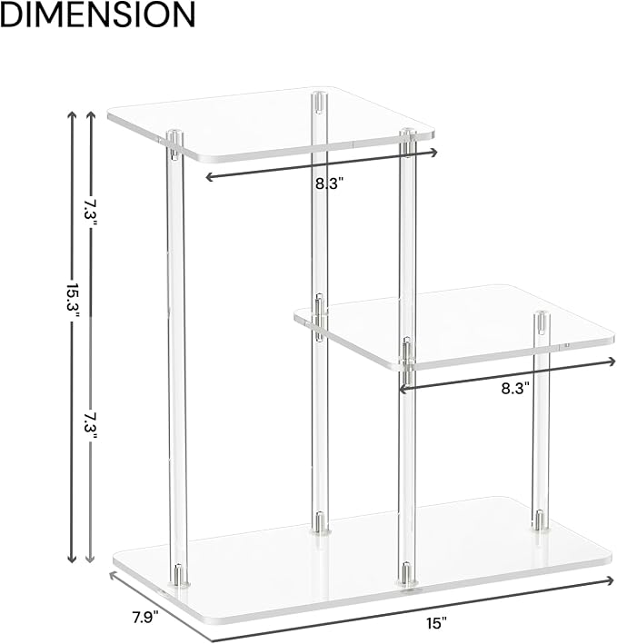 Acrylic Desktop Bookshelf, 7.9" D x 15" W x 15.3" H, Small Desktop Shelves Organizer, 3-Tier Clear Mini Table Top Shelf for Office Supplies and Desk Accessories, Easy Assembly