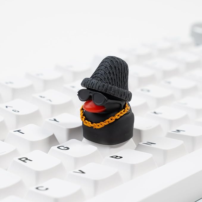 1U Handmade Resin Black Rap Duck Keycap - Cute Duck with Sunglasses Gold Necklace Knitted Hat, Compatible with MX Switch Mechanical Keyboards