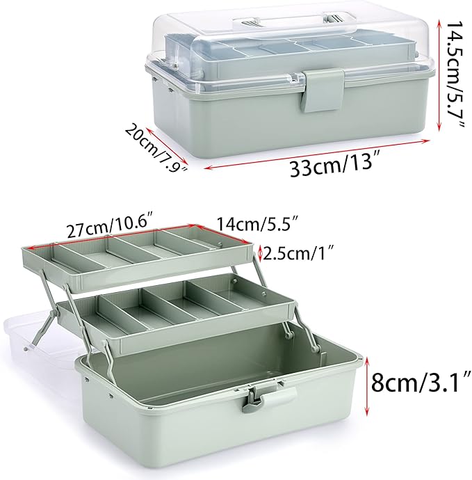 BTSKY 3-Layer Plastic Dividing Storage Box Craft Organizer and Storage | Portable Handled Art Supply Organizer with Adjustable Spacers Multipurpose Home Utility Box for Medicine Sewing(Haze Green)