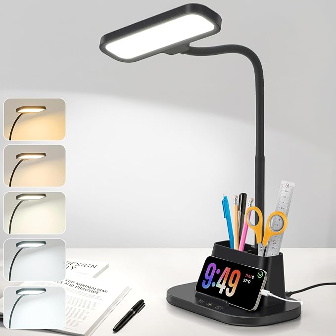 BOHON Desk Lamp for Home Office Reading Light with USB Charging Port Black | Small Desk Lamps with Pen Holder, 5 Color Modes 5 Brightness, Touch Gooseneck LED Table Lamp for Dorm Room Essentials Study