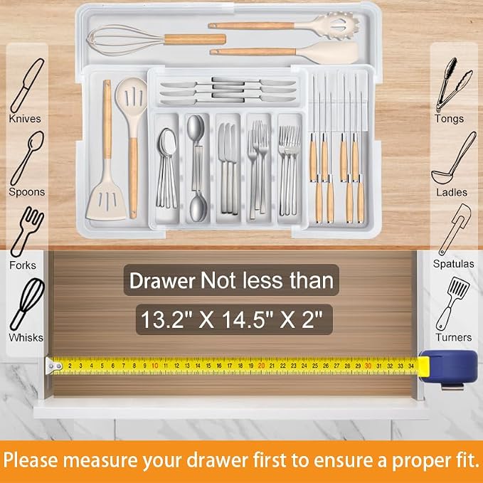 Silverware Organizer for Kitchen Drawer, Expandable Utensil Drawer Organizer with 2 Knife Block, Flatware and Cutlery Holder, Adjustable Plastic Storage for Spoons Forks Knives