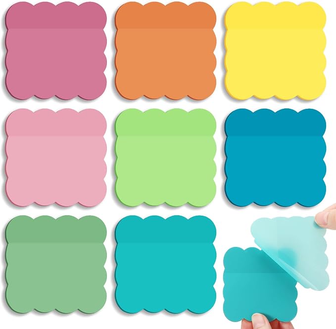 Eaasty 400 Sheets Transparent Sticky Notes 2.8x2.8 Clear Scalloped Sticky Notes 8 Pads Cute Wavy Translucent Pads Waterproof See Through Note for Bible Study Annotation School Office(Bright Colors)