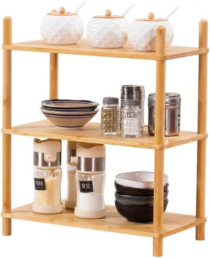 3-Tier Expandable Bamboo Desktop Organizer Shelf Kitchen Cabinet and Counter Riser Display Shelf for Top of Desk Home Office Bathroom Coffee Table Display Stand