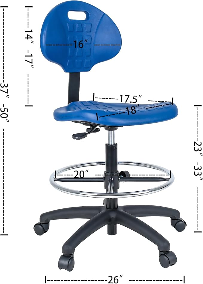Drafting Stool Blue- Easy to Clean! Quick Ship. Ergonomic Polyurethane Chair. Seat Height Adjustable (23"-33") Heavy Duty Adjustable Footring for Home, Automotive, Lab, Cleanroom (Blue)