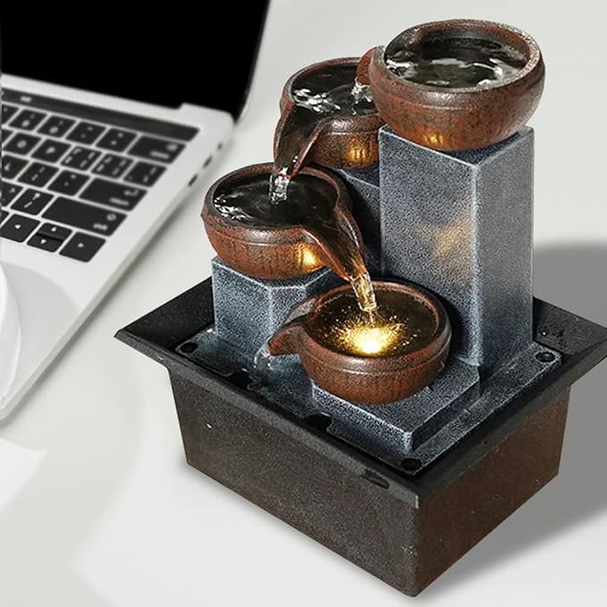 Indoor Desktop Fountain 4-Tier Desktop Fountain with Warm LED Lights & 3-Speed Adjustable Pump - Ideal for Bedrooms, Offices & Home Décor