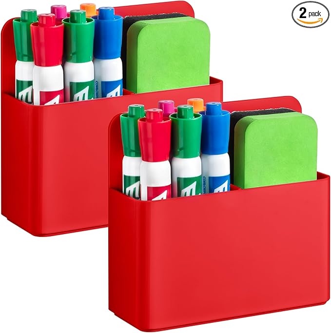 2 Pcs Magnetic Dry Erase Marker Holder for Whiteboard, Plastic Magnetic Pen Holder for Refrigerator Fridge, Magnet Pencil Cup for School Classroom, Locker Accessories, Pen Cup Organizer-Red