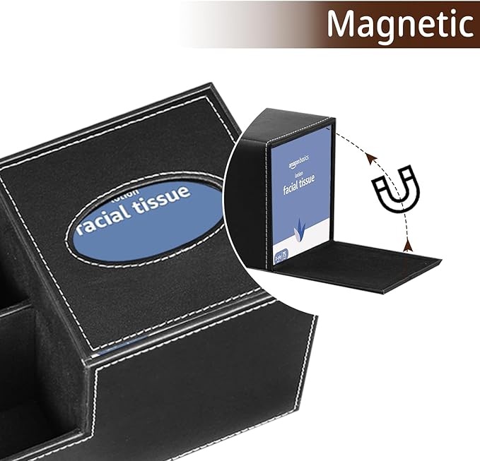 PU Leather Square Tissue Box Cover,Multi-Functional Tissue Cube Box Holder | Facial Tissue Box Cover with Storage,Tissue and Remote Control Holder,Cube Tissue Box Organizer Bedroom,Nightstand,End Table