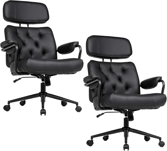 Mid Century Modern Home Office Desk Chair, Ergonomic Office Chair Big and Tall, High Back Executive Office Chair Leather Extra Wide, Computer Chair Comfy, Adjustable Height Rolling Chair, Black 2PC
